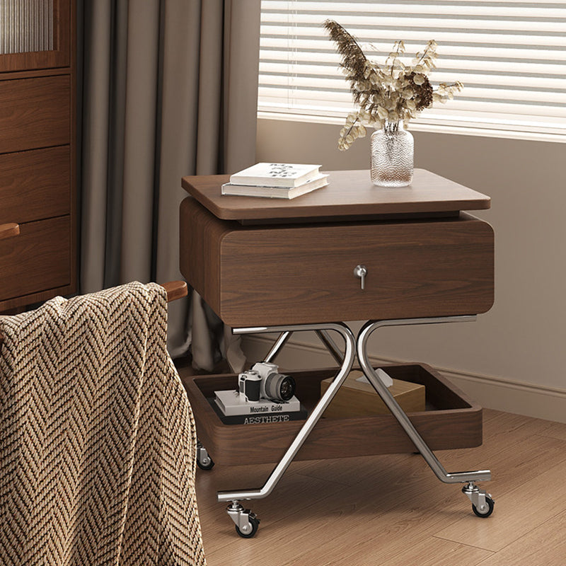 Contemporary Industrial Plywood Stainless Steel Faux Leather Rectangular Movable End Table 1-Drawer For Living Room &amp; Bedroom