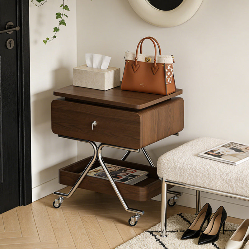 Contemporary Industrial Plywood Stainless Steel Faux Leather Rectangular Movable End Table 1-Drawer For Living Room &amp; Bedroom