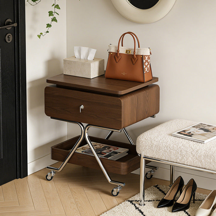 Contemporary Industrial Plywood Stainless Steel Faux Leather Rectangular Movable End Table 1-Drawer For Living Room &amp; Bedroom