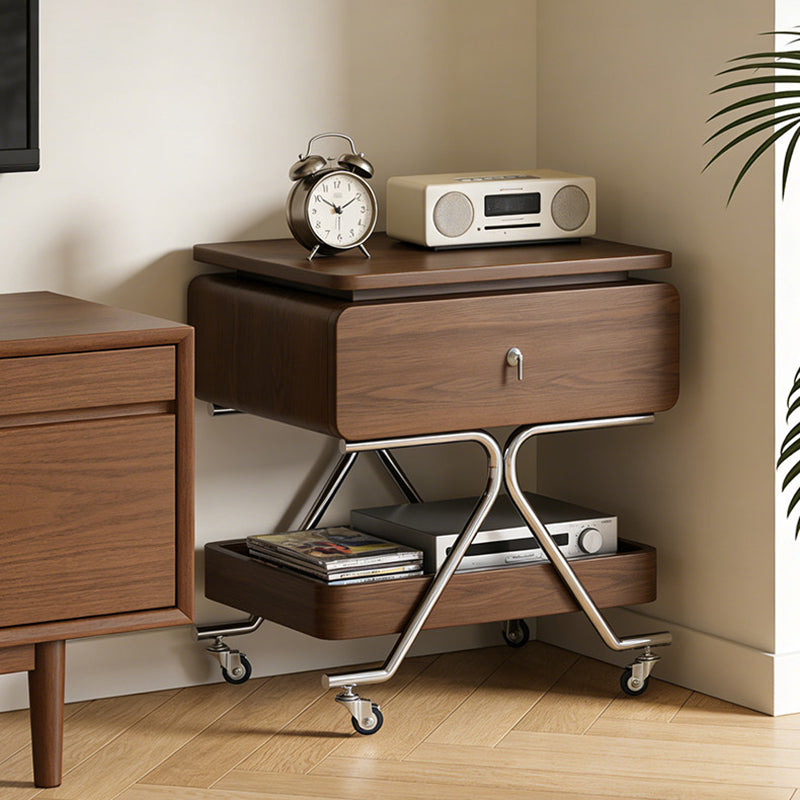 Contemporary Industrial Plywood Stainless Steel Faux Leather Rectangular Movable End Table 1-Drawer For Living Room &amp; Bedroom