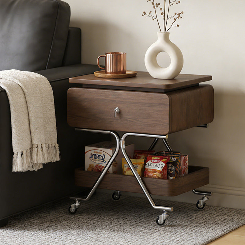 Contemporary Industrial Plywood Stainless Steel Faux Leather Rectangular Movable End Table 1-Drawer For Living Room &amp; Bedroom