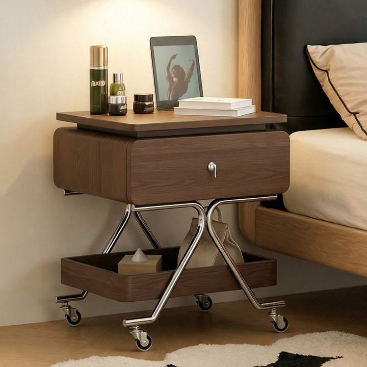 Contemporary Industrial Plywood Stainless Steel Faux Leather Rectangular Movable End Table 1-Drawer For Living Room &amp; Bedroom