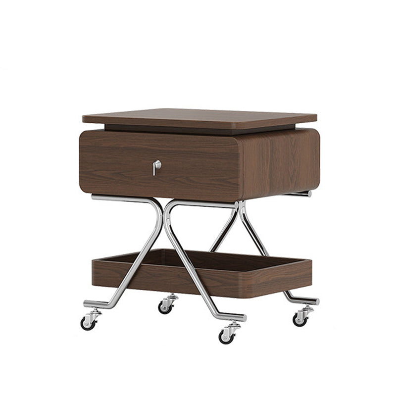 Contemporary Industrial Plywood Stainless Steel Faux Leather Rectangular Movable End Table 1-Drawer For Living Room &amp; Bedroom