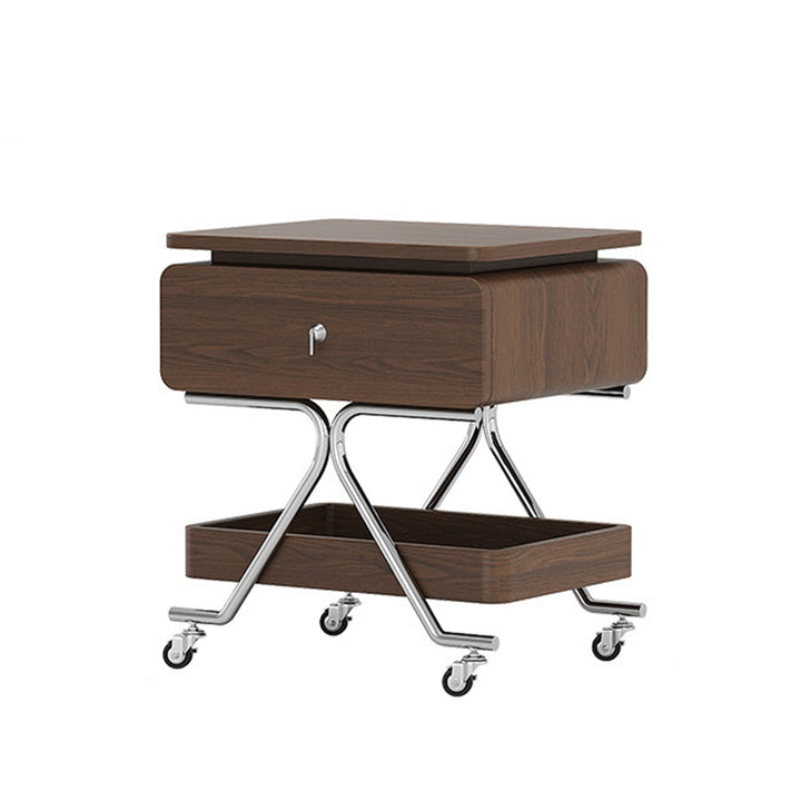 Contemporary Industrial Plywood Stainless Steel Faux Leather Rectangular Movable End Table 1-Drawer For Living Room &amp; Bedroom