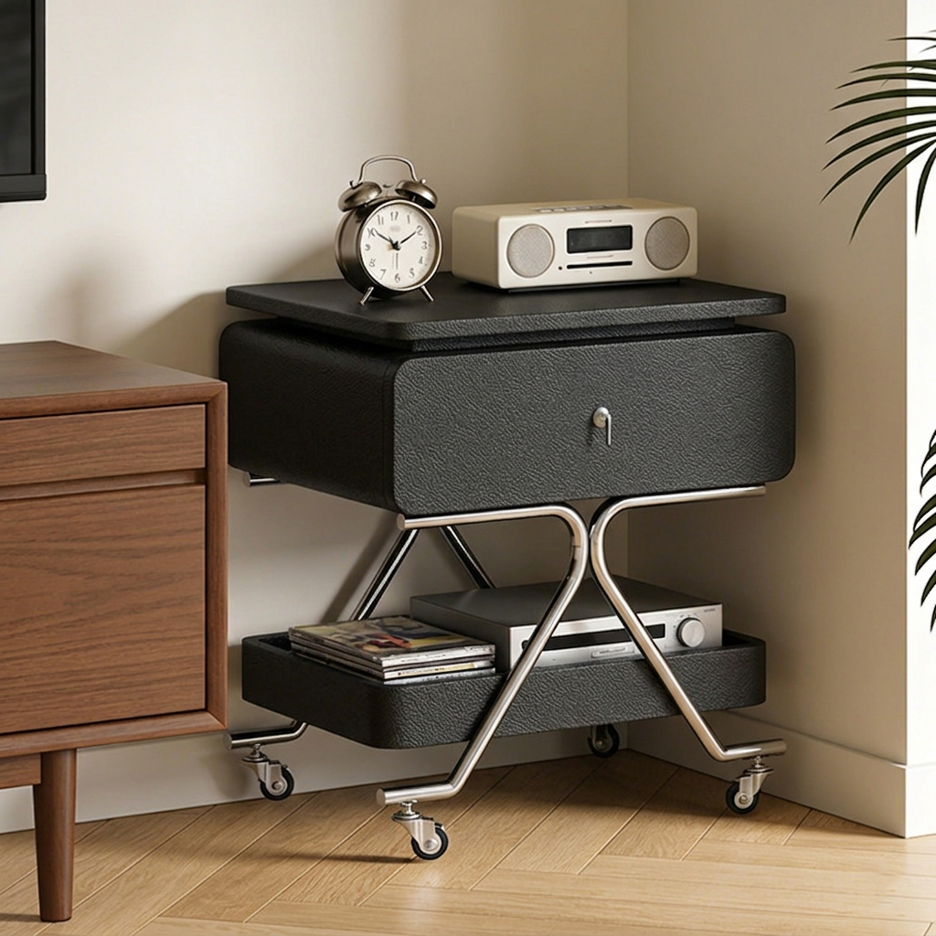 Contemporary Industrial Plywood Stainless Steel Faux Leather Rectangular Movable End Table 1-Drawer For Living Room &amp; Bedroom
