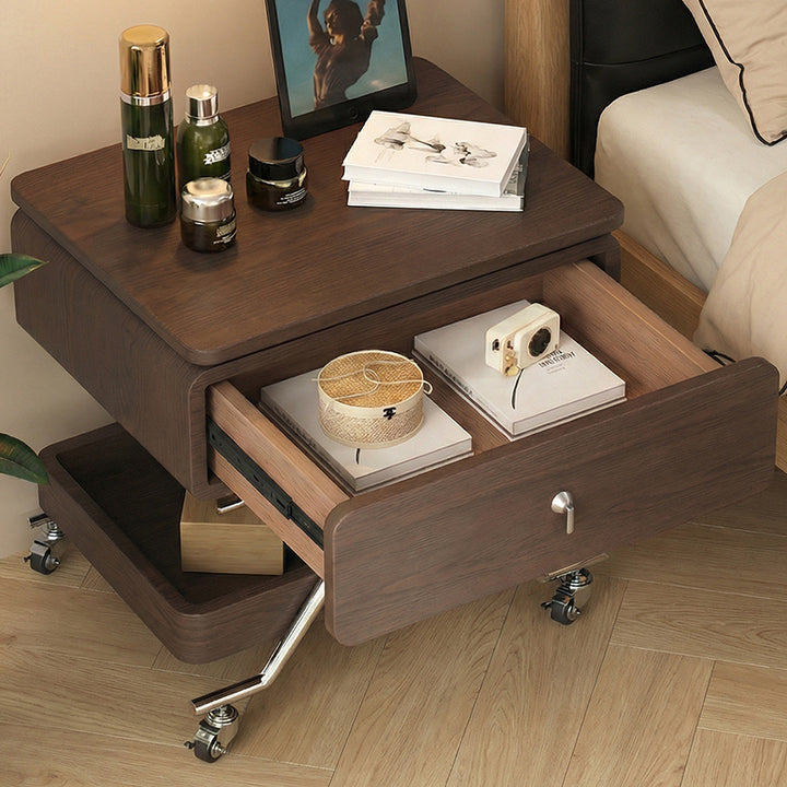 Contemporary Industrial Plywood Stainless Steel Faux Leather Rectangular Movable End Table 1-Drawer For Living Room &amp; Bedroom