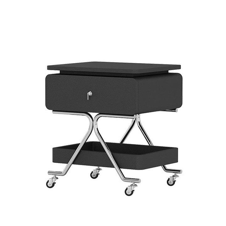 Contemporary Industrial Plywood Stainless Steel Faux Leather Rectangular Movable End Table 1-Drawer For Living Room &amp; Bedroom