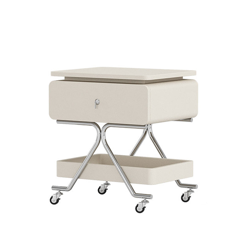 Contemporary Industrial Plywood Stainless Steel Faux Leather Rectangular Movable End Table 1-Drawer For Living Room &amp; Bedroom