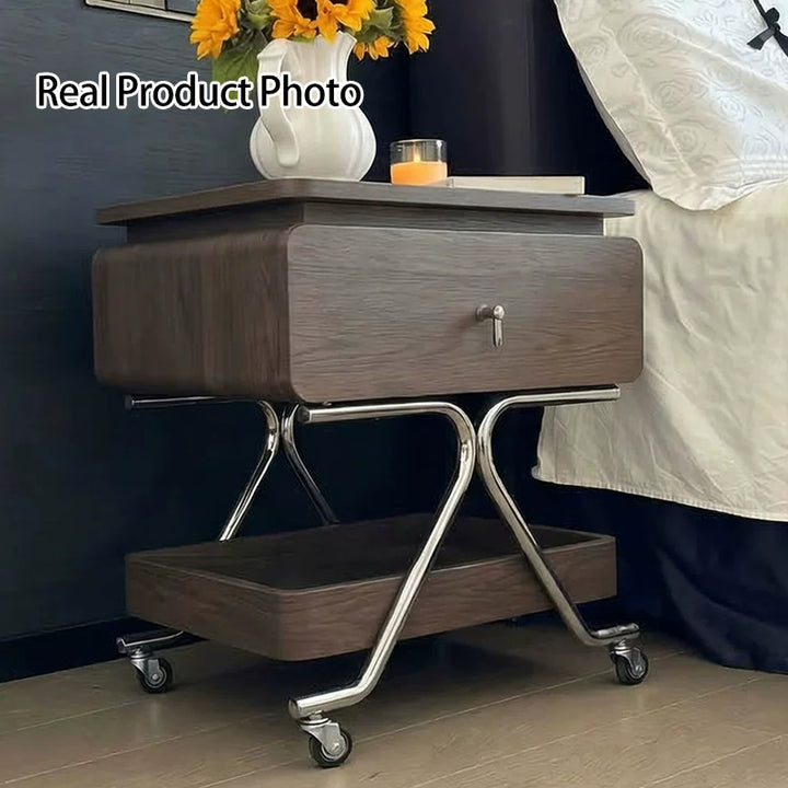 Contemporary Industrial Plywood Stainless Steel Faux Leather Rectangular Movable End Table 1-Drawer For Living Room &amp; Bedroom