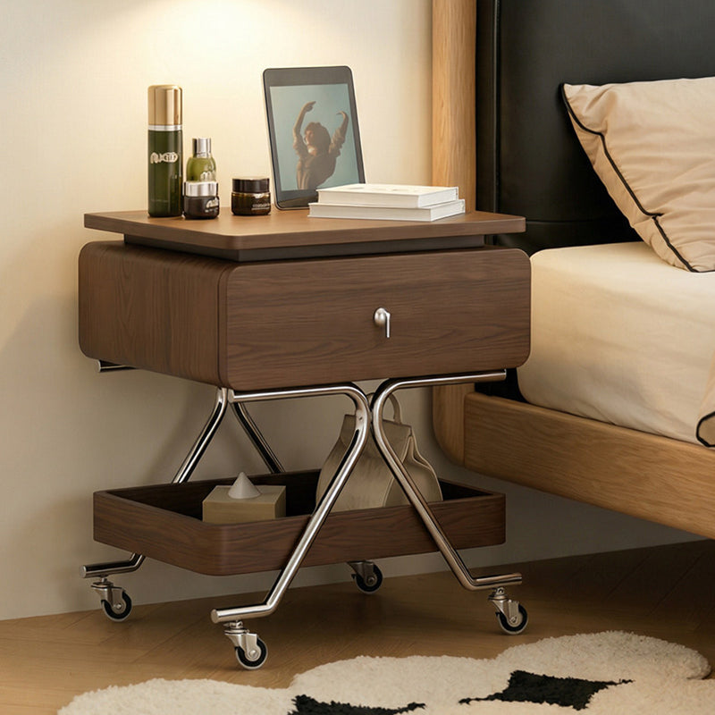 Contemporary Industrial Plywood Stainless Steel Faux Leather Rectangular Movable End Table 1-Drawer For Living Room &amp; Bedroom