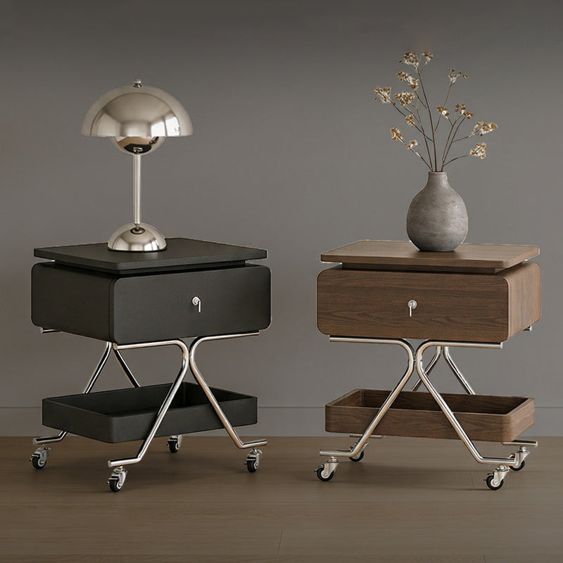 Contemporary Industrial Plywood Stainless Steel Faux Leather Rectangular Movable End Table 1-Drawer For Living Room &amp; Bedroom
