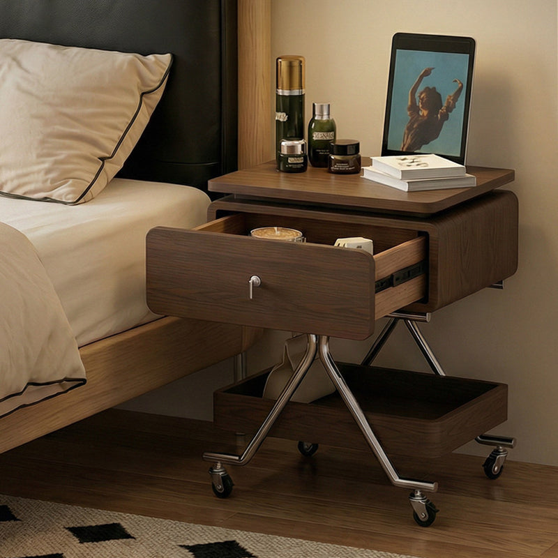 Contemporary Industrial Plywood Stainless Steel Faux Leather Rectangular Movable End Table 1-Drawer For Living Room &amp; Bedroom