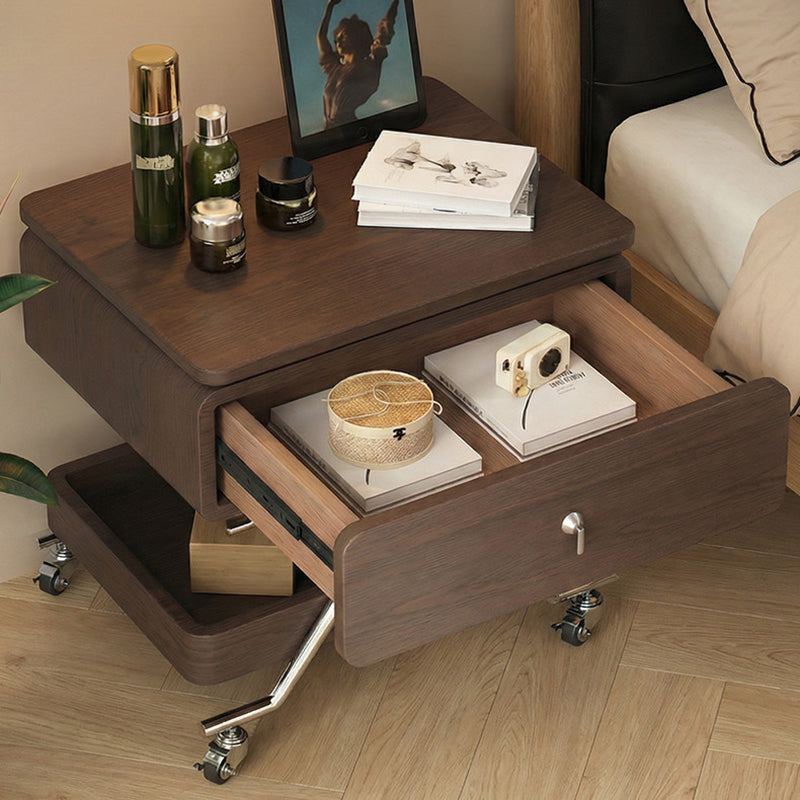 Contemporary Industrial Plywood Stainless Steel Faux Leather Rectangular Movable End Table 1-Drawer For Living Room &amp; Bedroom