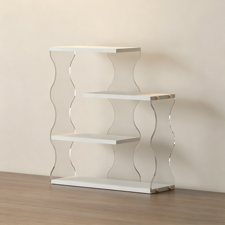 Moderner minimalistischer 4-stufiger Desktop-Becher-Aufbewahrungsständer aus MDF und Acryl mit gewelltem rechteckigem Rand für das Esszimmer 