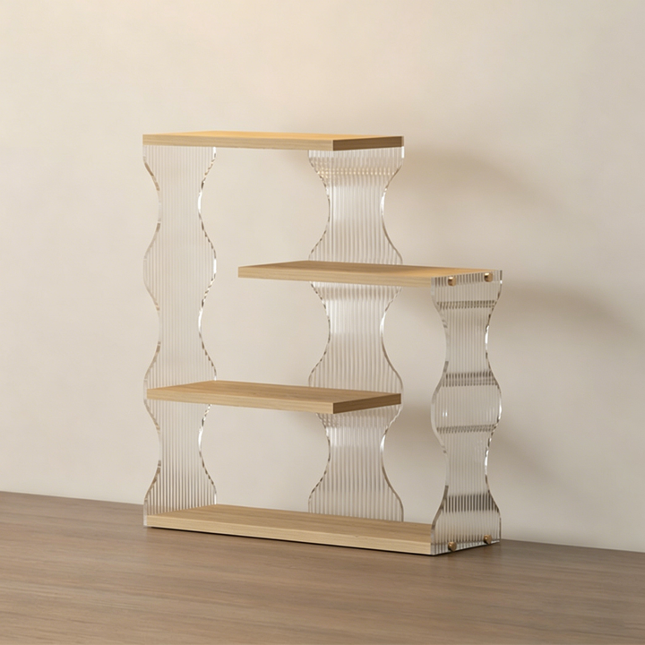 Moderner minimalistischer 4-stufiger Desktop-Becher-Aufbewahrungsständer aus MDF und Acryl mit gewelltem rechteckigem Rand für das Esszimmer 