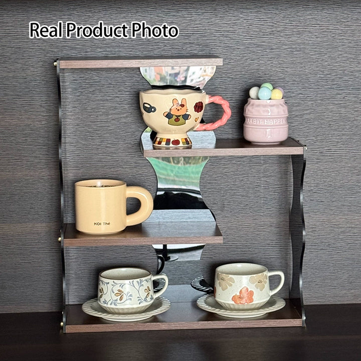 Moderner minimalistischer 4-stufiger Desktop-Becher-Aufbewahrungsständer aus MDF und Acryl mit gewelltem rechteckigem Rand für das Esszimmer 