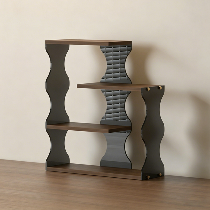 Moderner minimalistischer 4-stufiger Desktop-Becher-Aufbewahrungsständer aus MDF und Acryl mit gewelltem rechteckigem Rand für das Esszimmer 