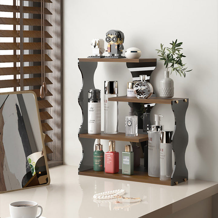 Moderner minimalistischer 4-stufiger Desktop-Becher-Aufbewahrungsständer aus MDF und Acryl mit gewelltem rechteckigem Rand für das Esszimmer 