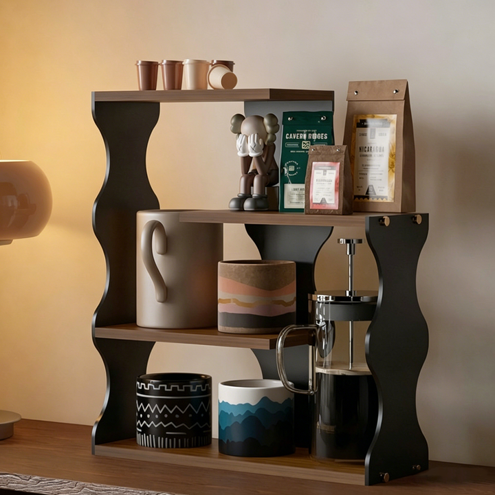 Moderner minimalistischer 4-stufiger Desktop-Becher-Aufbewahrungsständer aus MDF und Acryl mit gewelltem rechteckigem Rand für das Esszimmer 