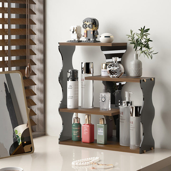 Moderner minimalistischer 4-stufiger Desktop-Becher-Aufbewahrungsständer aus MDF und Acryl mit gewelltem rechteckigem Rand für das Esszimmer 