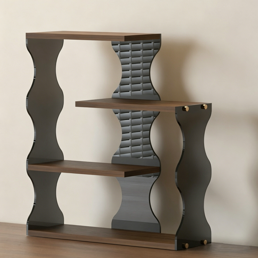 Moderner minimalistischer 4-stufiger Desktop-Becher-Aufbewahrungsständer aus MDF und Acryl mit gewelltem rechteckigem Rand für das Esszimmer 