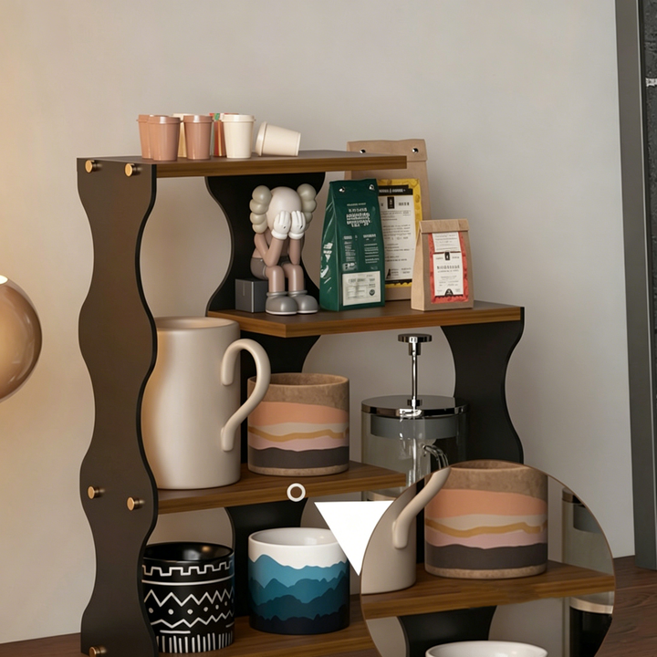 Moderner minimalistischer 4-stufiger Desktop-Becher-Aufbewahrungsständer aus MDF und Acryl mit gewelltem rechteckigem Rand für das Esszimmer 