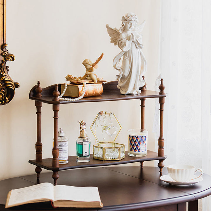 Traditionelles rechteckiges Tisch-Displayregal aus Gummibaumholz mit Eschenholzfurnier im Vintage-Stil, 2-/3-stöckig, für Wohnzimmer & Schlafzimmer 