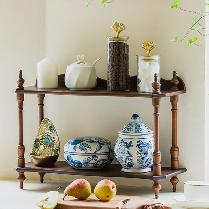 Traditionelles rechteckiges Tisch-Displayregal aus Gummibaumholz mit Eschenholzfurnier im Vintage-Stil, 2-/3-stöckig, für Wohnzimmer & Schlafzimmer 