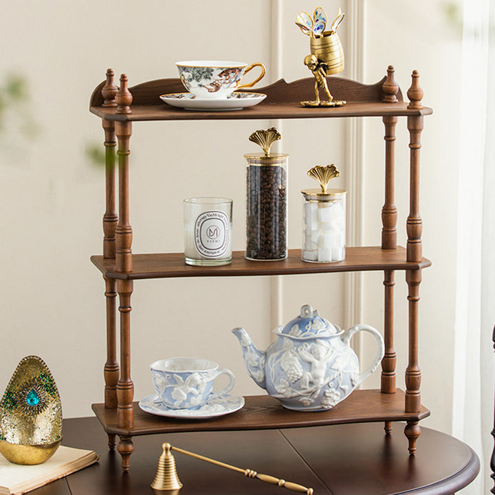Traditionelles rechteckiges Tisch-Displayregal aus Gummibaumholz mit Eschenholzfurnier im Vintage-Stil, 2-/3-stöckig, für Wohnzimmer & Schlafzimmer 