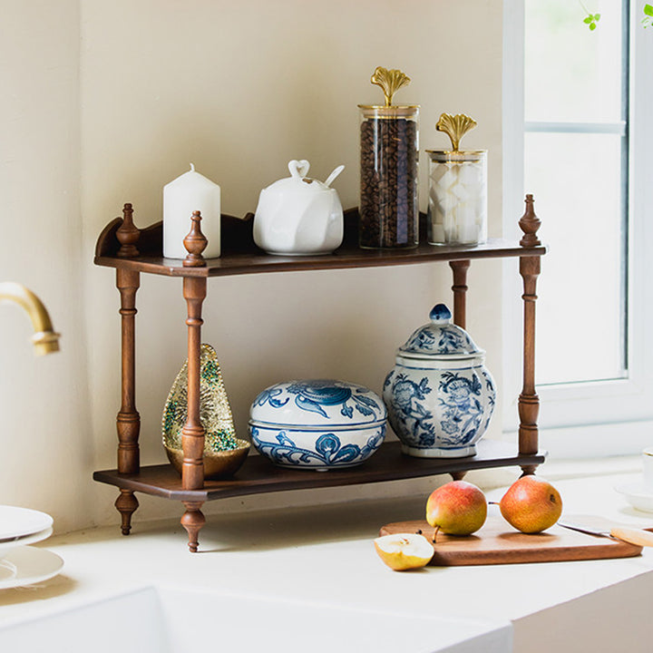 Traditional Vintage Rubberwood Ash Wood Veneer Rectangular Desktop Display Rack 2/3-Layer For Living Room &amp; Bedroom