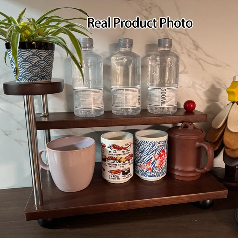 Contemporary Retro Stainless Steel Solid Wood Rectangular Lightweight Desktop Display Rack 3-Tier For Living Room &amp; Entryway
