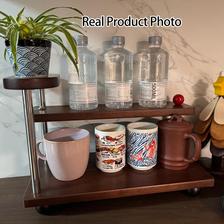 Contemporary Retro Stainless Steel Solid Wood Rectangular Lightweight Desktop Display Rack 3-Tier For Living Room &amp; Entryway