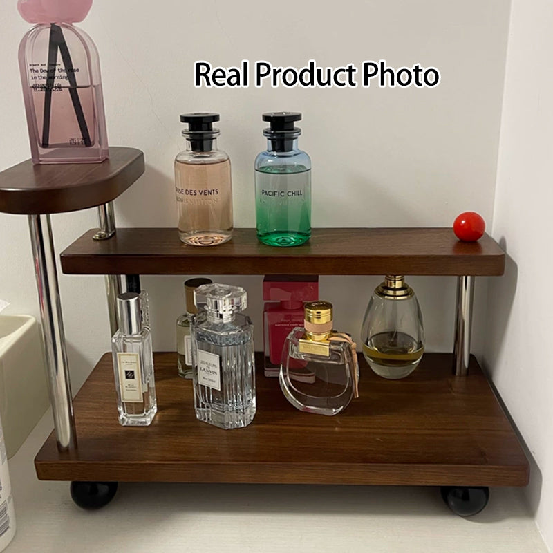 Contemporary Retro Stainless Steel Solid Wood Rectangular Lightweight Desktop Display Rack 3-Tier For Living Room &amp; Entryway
