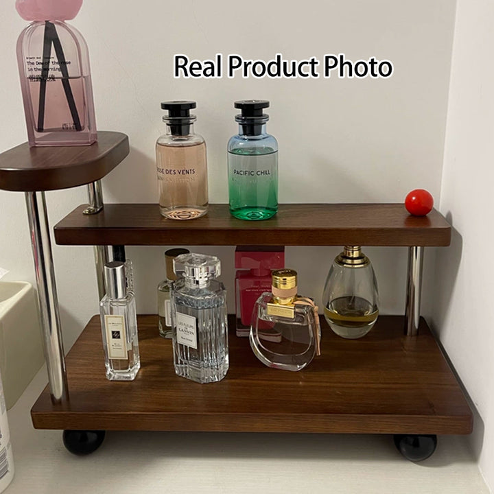 Contemporary Retro Stainless Steel Solid Wood Rectangular Lightweight Desktop Display Rack 3-Tier For Living Room &amp; Entryway