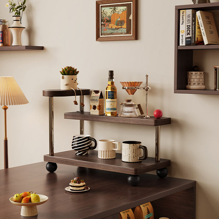 Contemporary Retro Stainless Steel Solid Wood Rectangular Lightweight Desktop Display Rack 3-Tier For Living Room &amp; Entryway