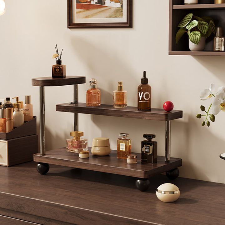 Contemporary Retro Stainless Steel Solid Wood Rectangular Lightweight Desktop Display Rack 3-Tier For Living Room &amp; Entryway