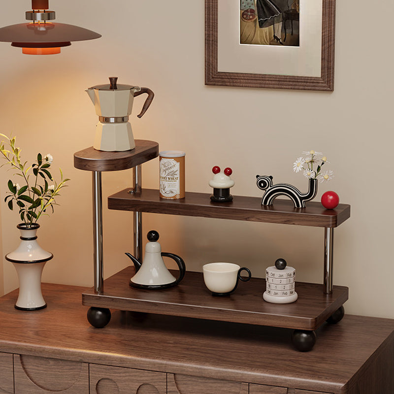 Contemporary Retro Stainless Steel Solid Wood Rectangular Lightweight Desktop Display Rack 3-Tier For Living Room &amp; Entryway