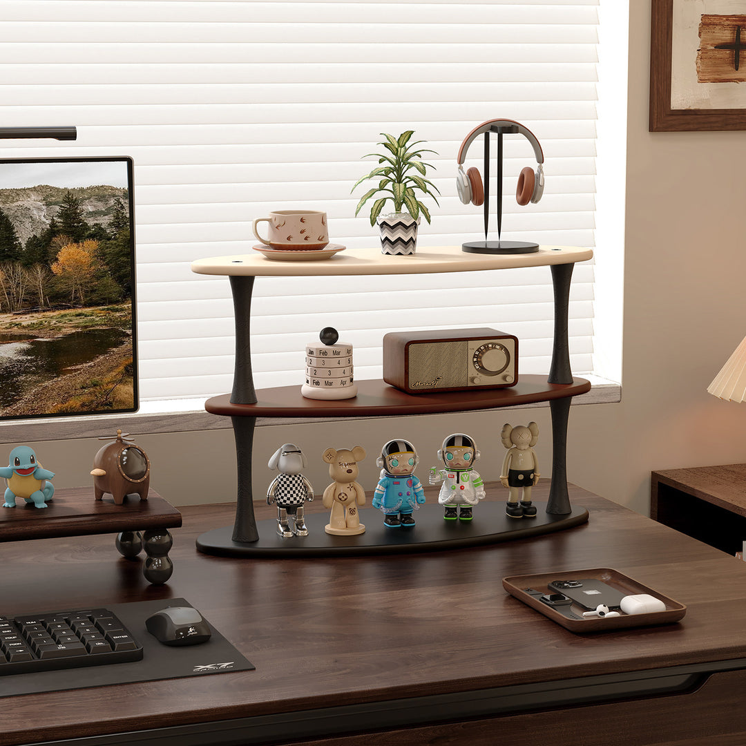 Contemporary Retro Rubberwood MDF Oval Lightweight Desktop Storage Shelf 3-Layer For Living Room &amp; Entryway
