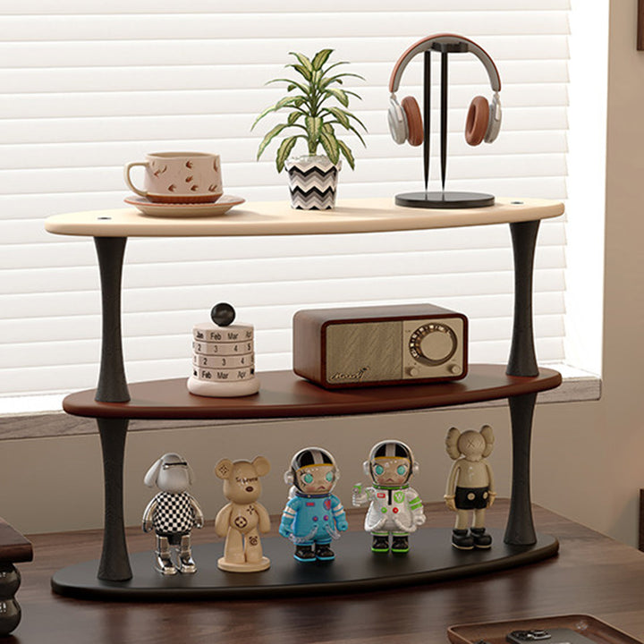 Zeitgenössisch-retro ovales leichtes Desktop-Aufbewahrungsregal aus Gummibaumholz und MDF, 3 Ebenen, für Wohnzimmer & Eingangsbereich 
