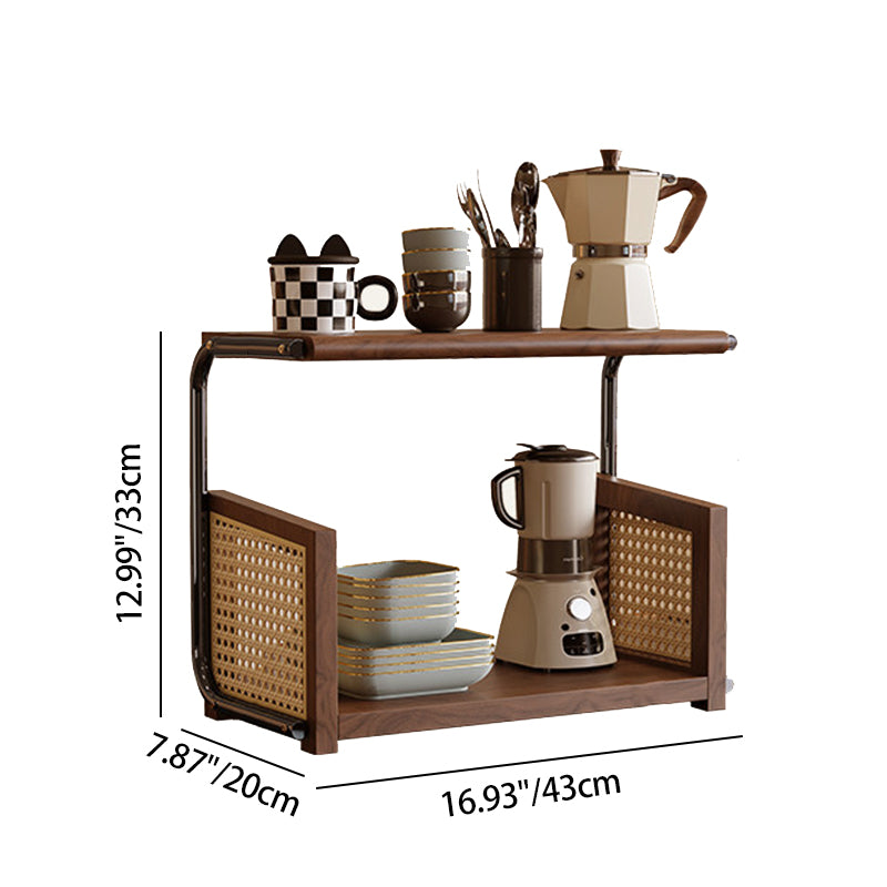 Traditional Rustic Walnut Wood Stainless Steel PVC Rattan Weaving C-Shaped Storage Shelf 2-Tier Organizer For Dining Room &amp; Entryway