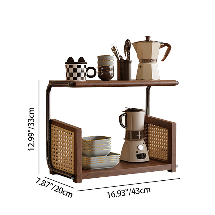 Traditional Rustic Walnut Wood Stainless Steel PVC Rattan Weaving C-Shaped Storage Shelf 2-Tier Organizer For Dining Room &amp; Entryway