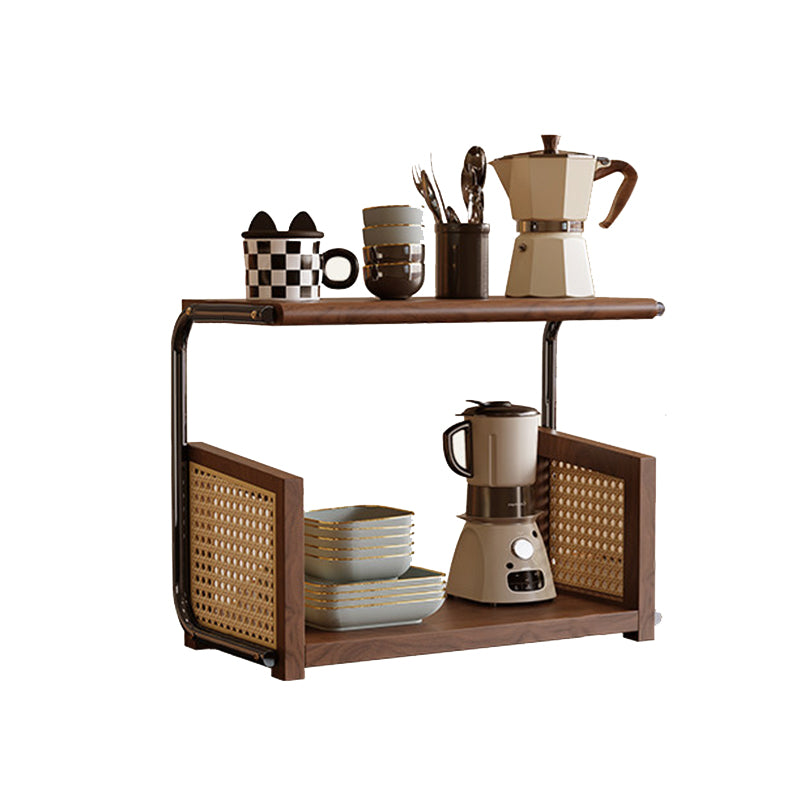 Traditional Rustic Walnut Wood Stainless Steel PVC Rattan Weaving C-Shaped Storage Shelf 2-Tier Organizer For Dining Room &amp; Entryway
