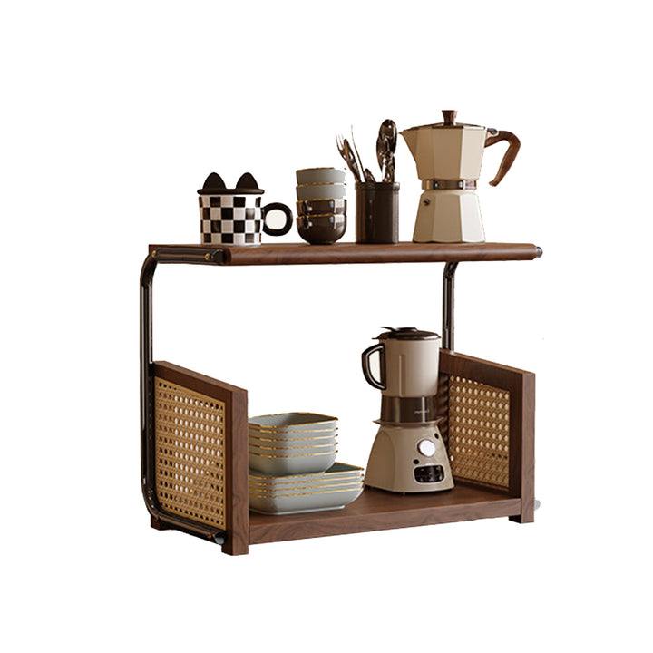 Traditional Rustic Walnut Wood Stainless Steel PVC Rattan Weaving C-Shaped Storage Shelf 2-Tier Organizer For Dining Room &amp; Entryway