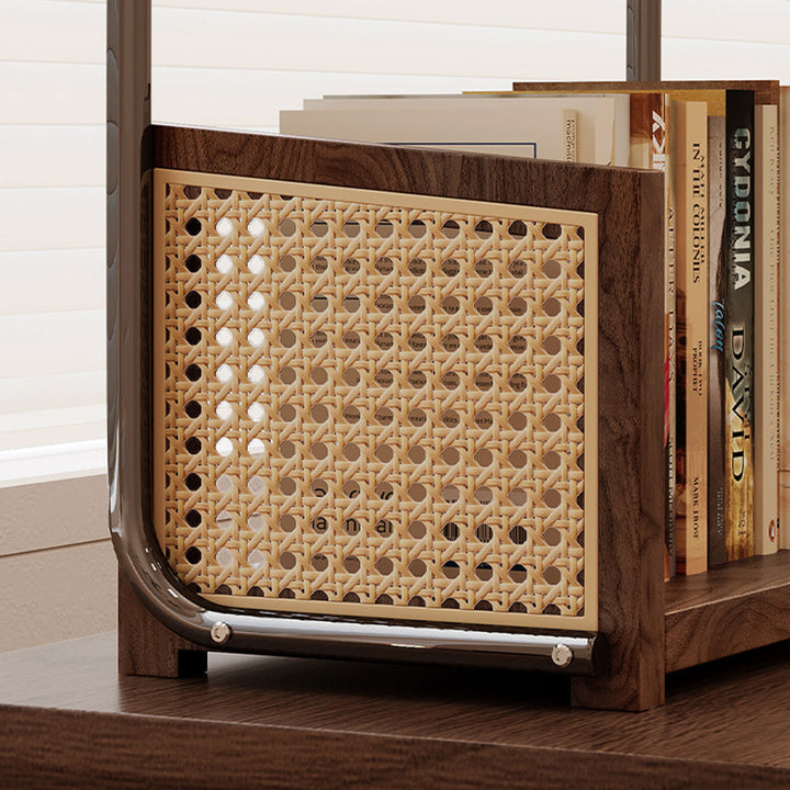 Traditional Rustic Walnut Wood Stainless Steel PVC Rattan Weaving C-Shaped Storage Shelf 2-Tier Organizer For Dining Room &amp; Entryway