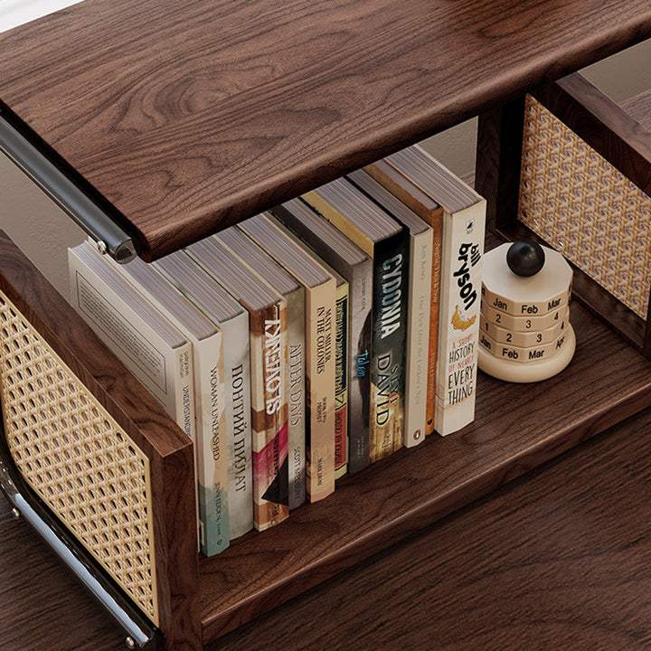 Traditional Rustic Walnut Wood Stainless Steel PVC Rattan Weaving C-Shaped Storage Shelf 2-Tier Organizer For Dining Room &amp; Entryway