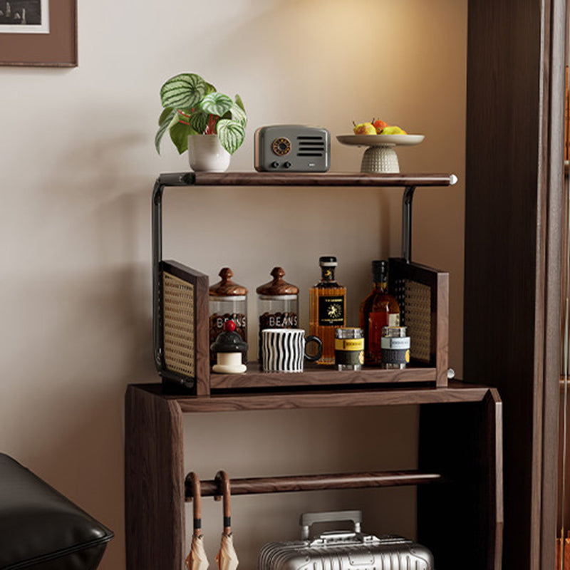 Traditional Rustic Walnut Wood Stainless Steel PVC Rattan Weaving C-Shaped Storage Shelf 2-Tier Organizer For Dining Room &amp; Entryway