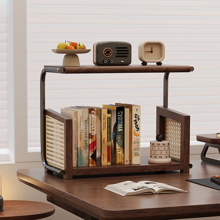 Traditional Rustic Walnut Wood Stainless Steel PVC Rattan Weaving C-Shaped Storage Shelf 2-Tier Organizer For Dining Room &amp; Entryway