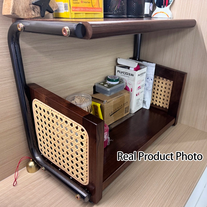 Traditional Rustic Walnut Wood Stainless Steel PVC Rattan Weaving C-Shaped Storage Shelf 2-Tier Organizer For Dining Room &amp; Entryway