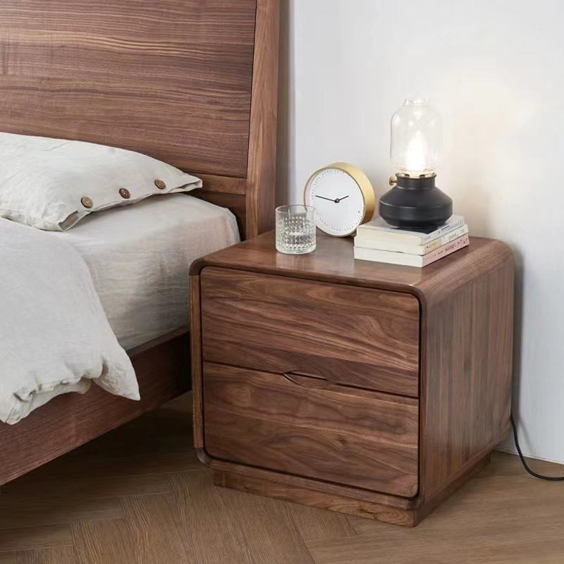 Contemporary Nordic Solid Wood Black Walnut Square Nightstand With 2 Drawers For Bedroom Storage