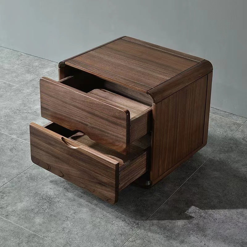 Contemporary Nordic Solid Wood Black Walnut Square Nightstand With 2 Drawers For Bedroom Storage